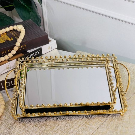 طقم/2 صواني مستطيل وجه مراة حيف بيوتر ذهبي M5-20