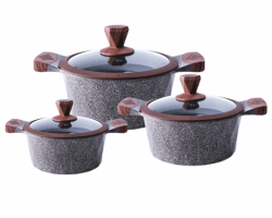 طقم طناجر الدبابة جرانيت اسود مع غطاء زجاج وايدي خشبية 20-22-24 سم