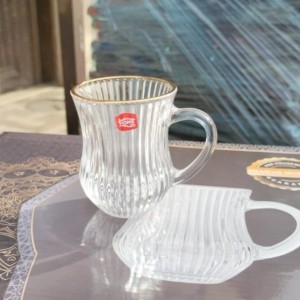 كاسات شاي عدد 12 سعة 140 مل مع بطن حز ذهبي من الاعلى