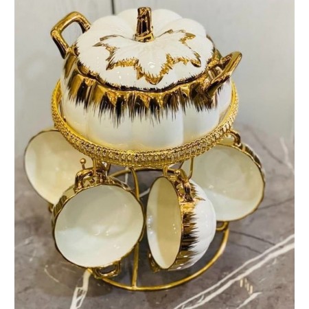 طقم صحون شوربة 7 قطع بورسلان ابيض مع ستاند ذهبي 211041W