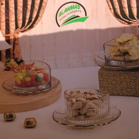 طقم صحون ضيافة صحن كيك + زبادة 12 قطعة محزز عمودي حيف ذهبي