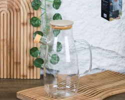 ابريق زيت زجاج مع معيار 900 مل - سعة 1لتر مع غطا بامبو