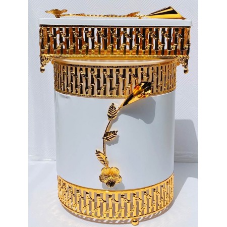 طقم سلة + بكيت محارم ميلامين اسود مزخرف ستيل مذهب وردة نافر ذهبي MJ1423 