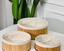 طقم سلال ديكور مدور خشب بوص بامبو مع قماش 3 قطع