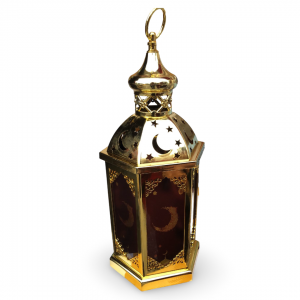 فانوس ذهبي معدن مذهب شكل قبة مسجد مع حمالة زجاج مثلج ملون شكل سداسي