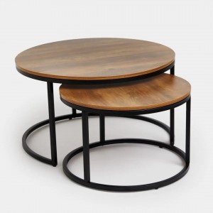 طقم طاولتين وسط مدور خشب رجل معدن متداخل - بني