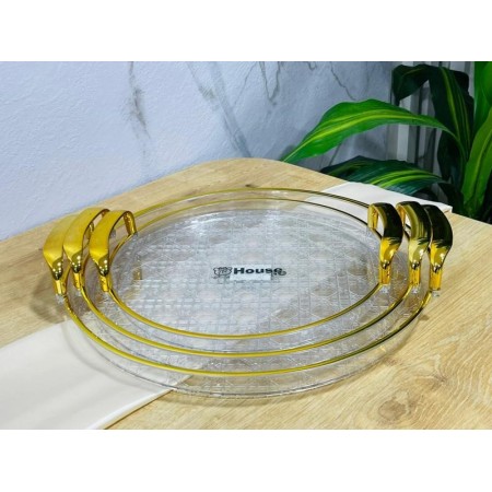 طقم صواني اكريليك ثقيل شكل مدور 3 قطع محزز حيف وايدي ذهبية 9-25