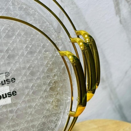 طقم صواني اكريليك ثقيل شكل مدور 3 قطع محزز حيف وايدي ذهبية 9-25