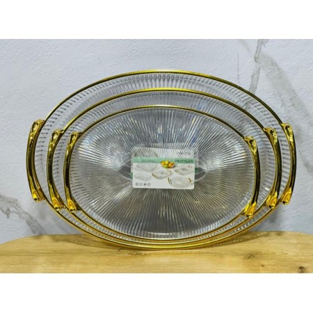 طقم صواني اكريليك ثقيل شكل بيضاوي 3 قطع محزز حيف وايدي ذهبية طقم صواني اكريليك ثقيل شكل بيضاوي 3 قطع محزز حيف وايدي ذهبية