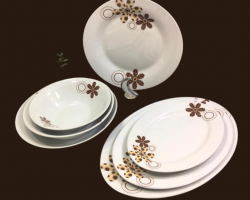 طقم صحون بورسلان 42 قطعة بورسلان ابيض مرسم وردة بيج بني