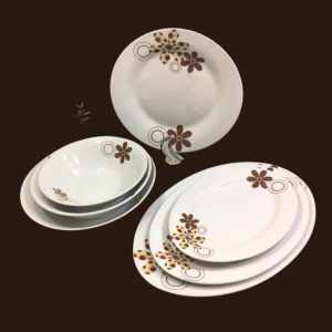 طقم صحون بورسلان 30 قطعة بورسلان ابيض مرسم وردة بيج بني