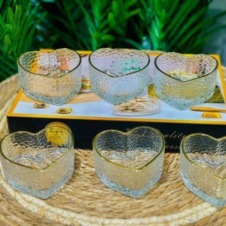 طقم صحون زبادي / مكسرات / كاندي شكل قلب زجاج مثلج مع حيف ذهبي طقم صحون زبادي / مكسرات / كاندي شكل قلب زجاج مثلج مع حيف ذهبي