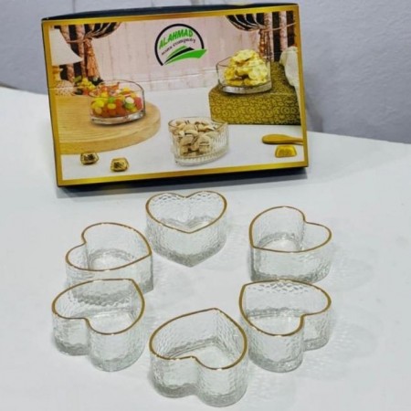 طقم صحون زبادي / مكسرات / كاندي شكل قلب زجاج مثلج مع حيف ذهبي طقم صحون زبادي / مكسرات / كاندي شكل قلب زجاج مثلج مع حيف ذهبي