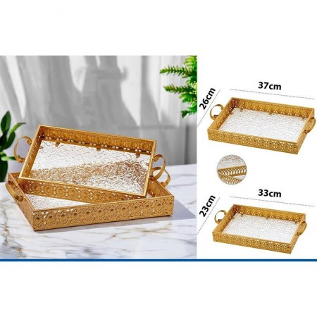 طقم صواني ضيافة مستطيل قطعتين معدن ذهبي وجه زجاج مقاس 37 ×26 و 33 × 23 سم