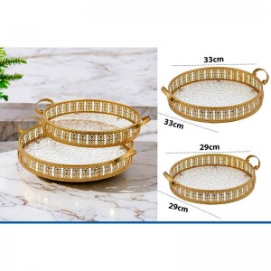 طقم صواني ضيافة مدور قطعتين معدن ذهبي وجه زجاج مقاس 37 و 33 سم طقم صواني ضيافة مدور قطعتين معدن ذهبي وجه زجاج مقاس 37 و 33 سم