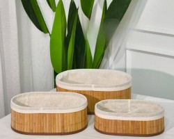 طقم سلال ديكور بيضاوي خشب بوص بامبو مع قماش 3 قطع