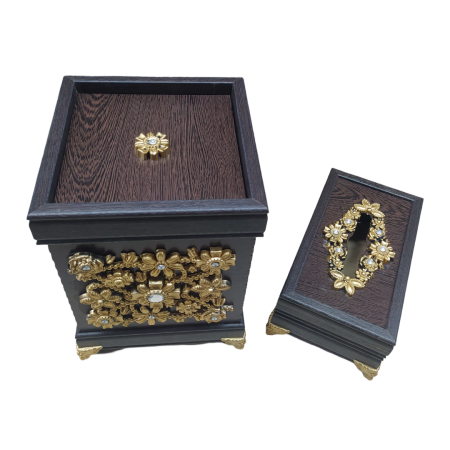 سلة مهملات مع علبة بكيت محارم خشب مع اشكال روماني