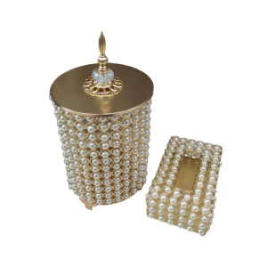 طقم سله مهملات معدن مع بكيت مرصع لولو مدور طقم سله مهملات معدن مع بكيت مرصع لولو مدور