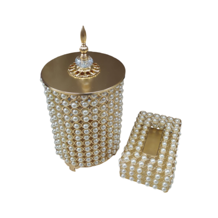 طقم سله مهملات معدن مع بكيت مرصع لولو مدور