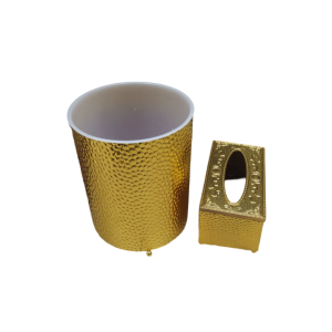 طقم سلة مهملات مع علبة محارم مذهب مبزر معدن طقم سلة مهملات مع علبة محارم مذهب مبزر معدن