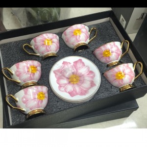 طقم فناجين قهوة مرسم وردة زهري مع استكانات 6 + 6