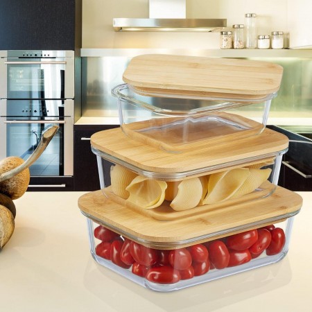 طقم حافظة طعام - طبروير / تبروير زجاج 4 قطع مع غطاء بامبو