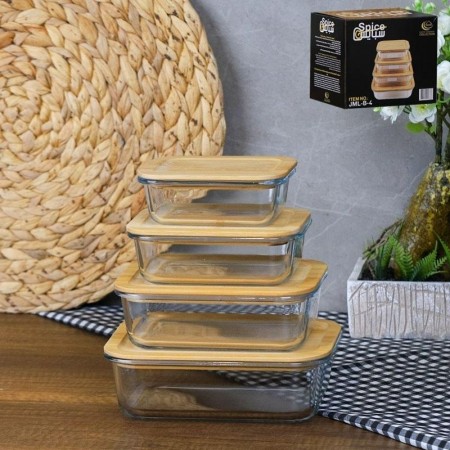 طقم حافظة طعام - طبروير / تبروير زجاج 4 قطع مع غطاء بامبو