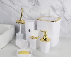 طقم حمام بلاستيك محزز سادة 6 قطع مع غطا مذهب