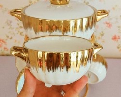 طقم صحون شوربة 7 قطع بورسلان ابيض مع ستاند ذهبي 211041W