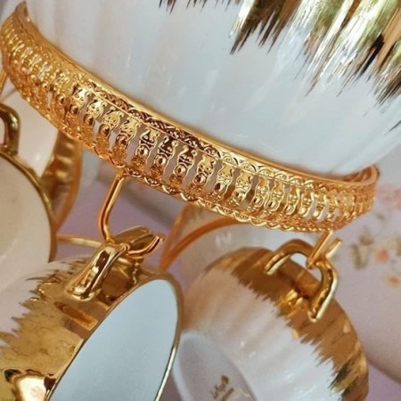طقم صحون شوربة 7 قطع بورسلان ابيض مع ستاند ذهبي 211041W