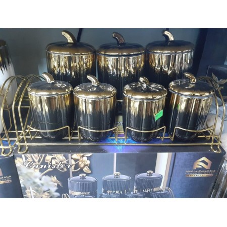 طقم سكريات بهارات 7 قطع بورسلان ابيض شكل يقطينه مع حز ذهبي وستاند 