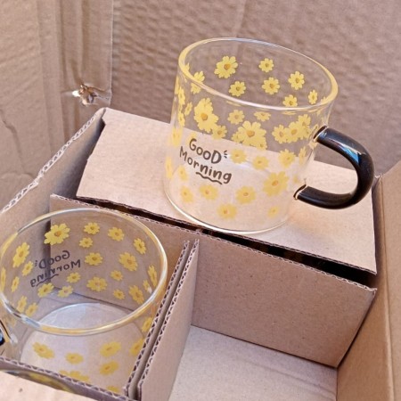 طقم فناجين اسطواني جود مورننج يد اسود مرسم وردة اصفر 6 قطع AF071-2C