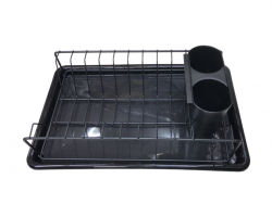 مشك صحون اسود كبير معدن طبقة واحدة مع صحن بلاستيك و حمالة معالق وسكاكين