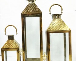 طقم فانوس زجاج اطار معدن ذهبي قبة مزخرف مربع 3 قطع AF049-3A 