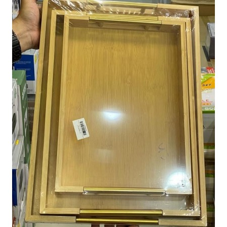 طقم صواني خشب مستطيل مع يد معدن ذهبي 3 قطع