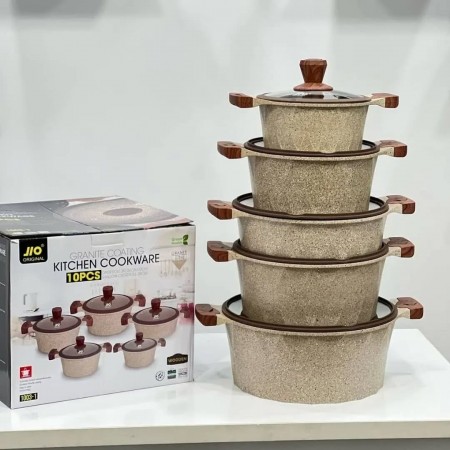 طقم طناجر الدبابة ثقيل جرانيت اسود مع غطاء زجاج وايدي خشبية 20-22-24-26-28-30