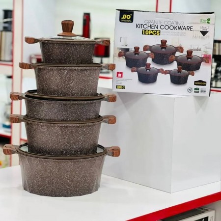 طقم طناجر الدبابة ثقيل جرانيت اسود مع غطاء زجاج وايدي خشبية 20-22-24-26-28-30