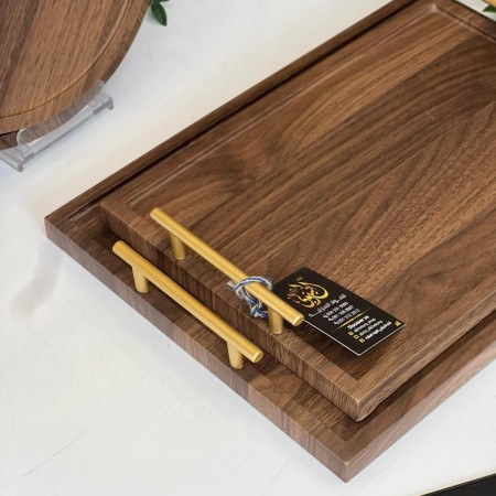 طقم صواني خشب مستطيل مع يد ذهبي مستطيل قطعتين