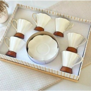 طقم/6+6 فناجين قهوة ابيض مع قاعدة خشب طقم/6+6 فناجين قهوة ابيض مع قاعدة خشب
