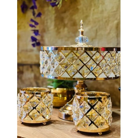 طقم علبة تفضيل معدن ذهبي بيوتر مرصع بزجاج سترص + 2 مكتة متكة ذهبي معينات مائل طقم علبة تفضيل معدن ذهبي بيوتر مرصع بزجاج سترص + 2 مكتة متكة ذهبي معينات مائل