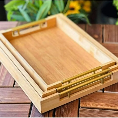 طقم صواني خشب مستطيل مع يد معدن ذهبي 3 قطع