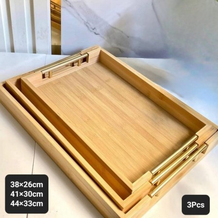 طقم صواني خشب مستطيل مع يد معدن ذهبي 3 قطع
