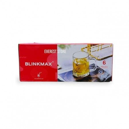 طقم ماج  زجاج  / كاسة شاي نسكافيه 6 قطع شفاف ملس قاعدة مضلع يد مستطيل BLINKMAX KTBZ119