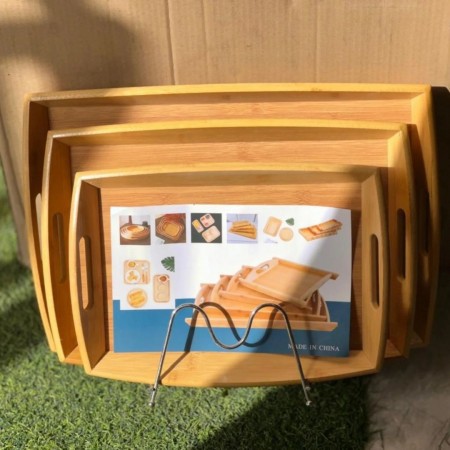 طقم صواني شكل مستطيل - حيف بيضاوي عالي بامبو خشب 3 قطع