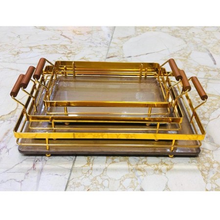 طقم صواني تقديم - تفضيل بيوتر مذهب مع ارضية خشب مستطيل مع ايدي 3 قطع