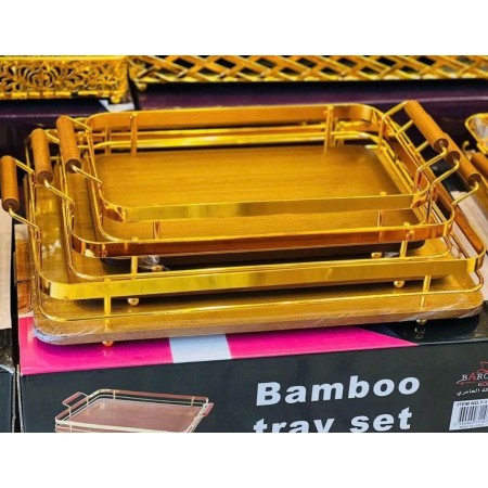 طقم صواني تقديم - تفضيل بيوتر مذهب مع ارضية خشب مستطيل مع ايدي 3 قطع