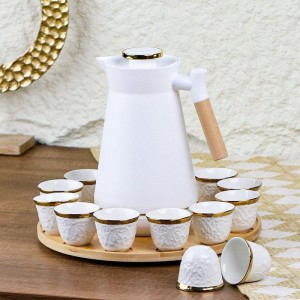 طقم ثيرموس قهوة مع صينية مدورة و 12 فنجان سادة سادة / محزز حيف ذهبي