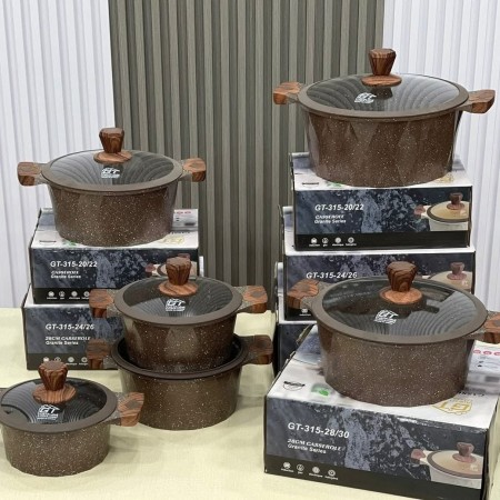 طقم طناجر الدبابة ثقيل جرانيت اسود مع غطاء زجاج وايدي خشبية 20-22-24-26-28-30