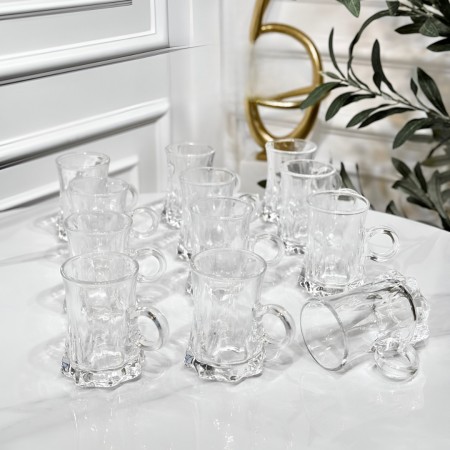 طقم/12 كاسات شاي زجاج سادة مضلع يد حلقة TC5281