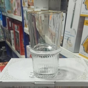 طقم كاسات عصير 12 قطعة زجاج شفاف مضلع حز نافر من الوسط حيف ذهبي 